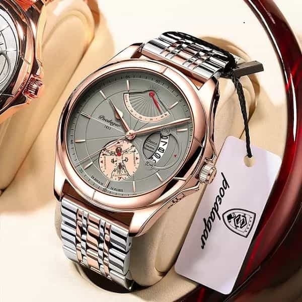 Poedagar watch with rose-gold case, grey dial and two-tone bracelet, with its Poedagar hang tag