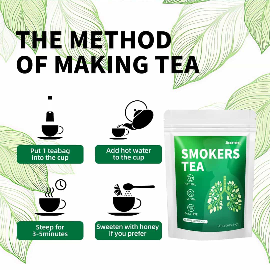 Four brewing steps: tea bag in cup, add hot water, steep 3–5 minutes, add honey if you like