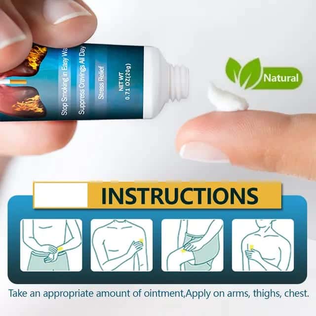 Cream squeezed onto a fingertip, with drawings showing it applied to the arms, thighs and chest