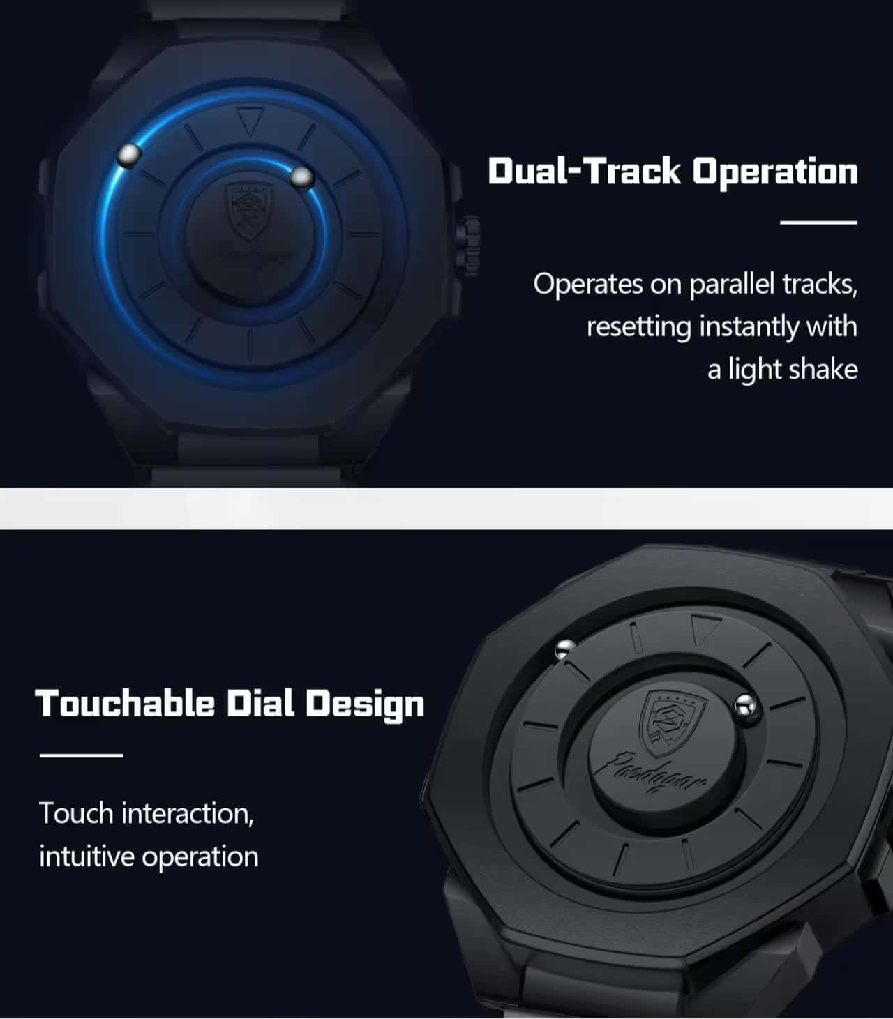 Close-up of the dial's two tracks and magnetic balls