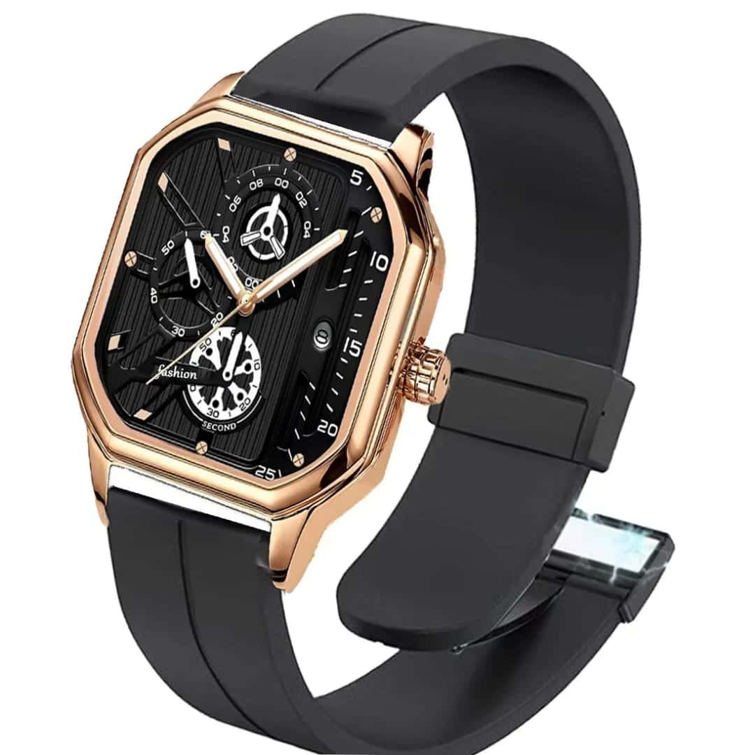The watch from the front at an angle, with its folding buckle visible
