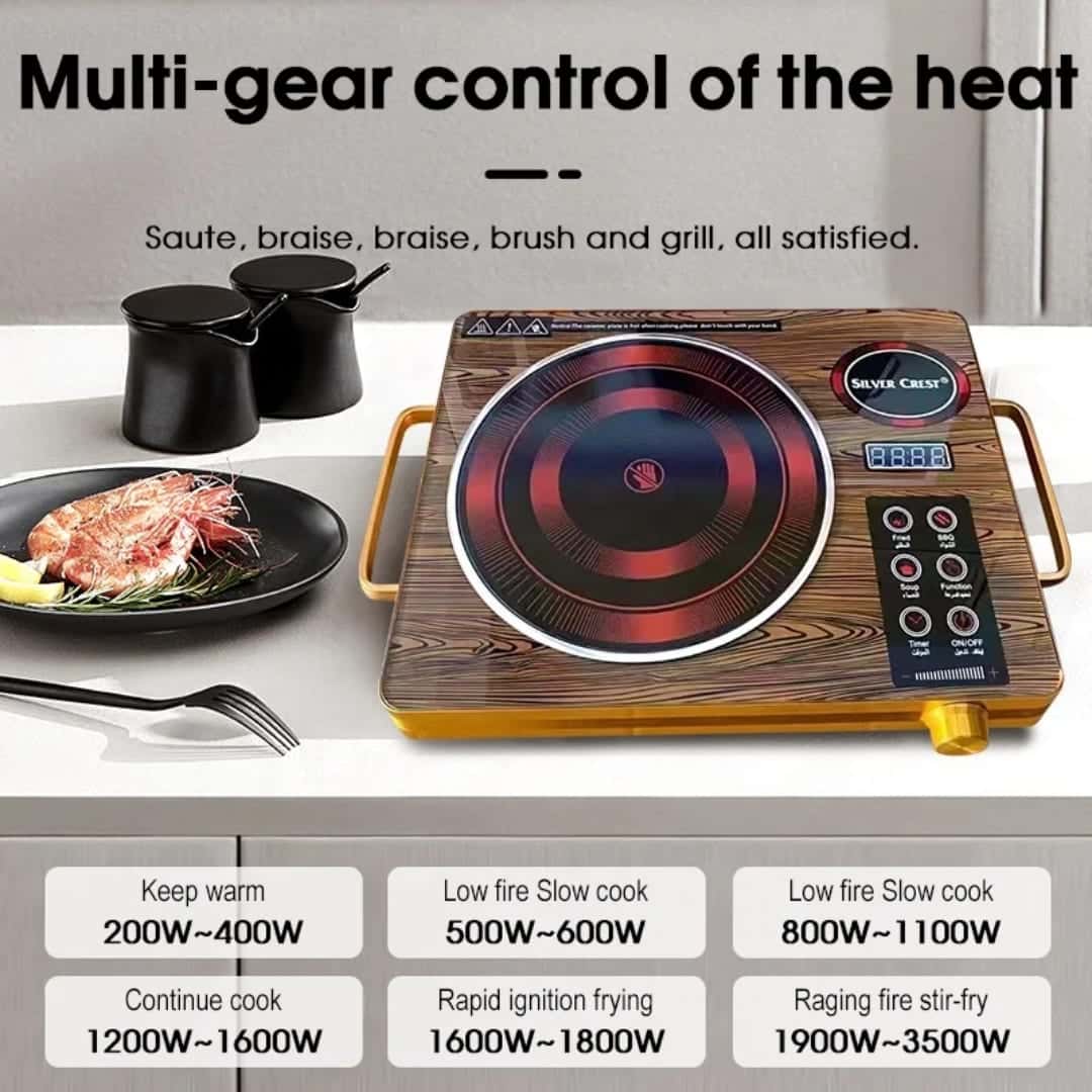 The single stove on a kitchen counter with a table of six heat levels from 200W to 3500W