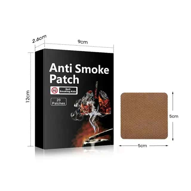 Anti Smoke Patch box of 20 patches, 12 × 9 × 2.6 cm, beside a single 5 × 5 cm brown patch
