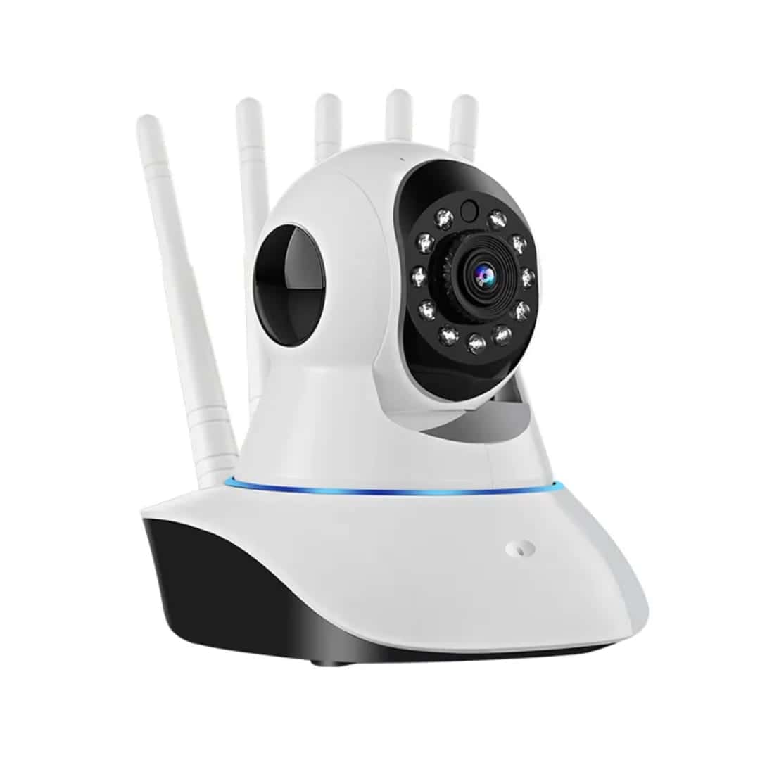 White Wi-Fi security camera with five antennas on a white background