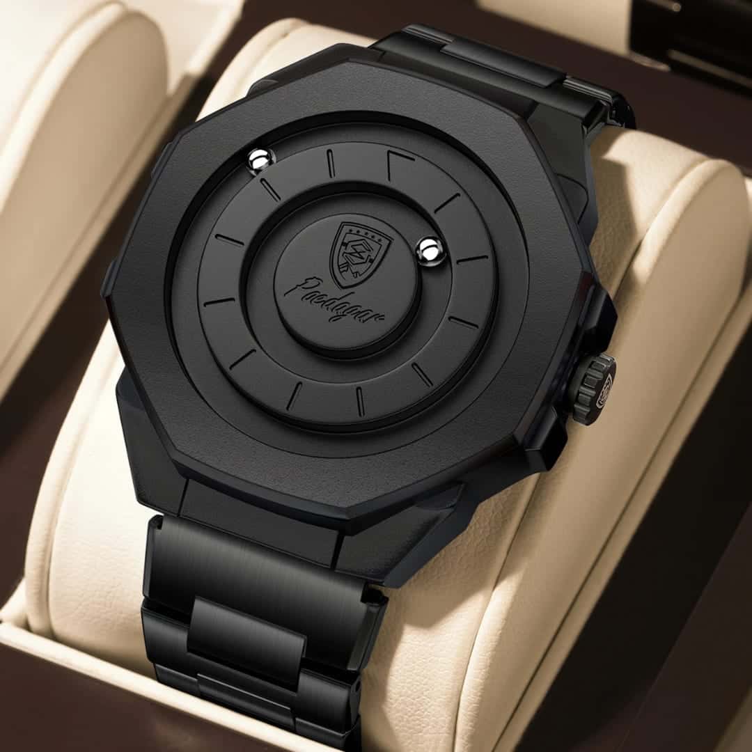 Poedagar 670 Black watch with black octagon case and steel bracelet