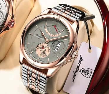 Poedagar watch with rose-gold case, grey dial and two-tone bracelet, with its Poedagar hang tag