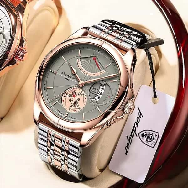 Poedagar watch with rose-gold case, grey dial and two-tone bracelet, with its Poedagar hang tag