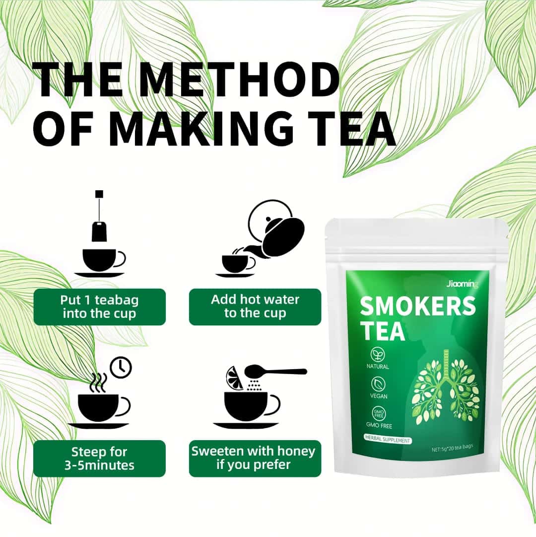 Four brewing steps: tea bag in cup, add hot water, steep 3–5 minutes, add honey if you like