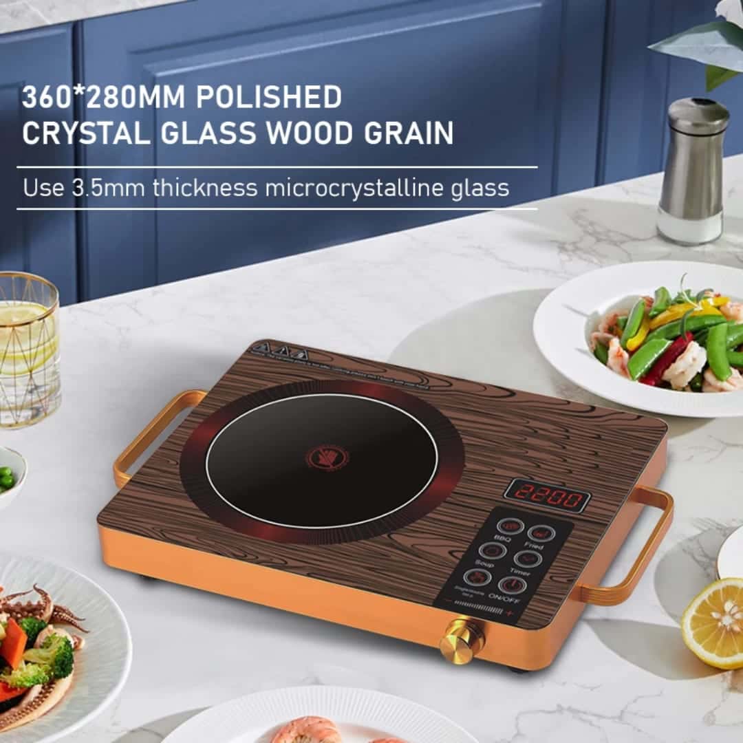 The single stove on a kitchen table, with its 360 × 280 mm wood-grain glass top